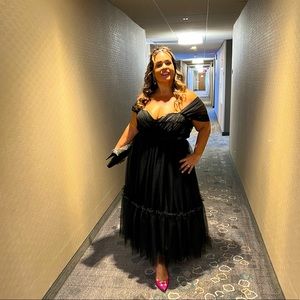 PLUS Women's Off Shoulder Long Dotted Tulle Puffy Sleeve Dress